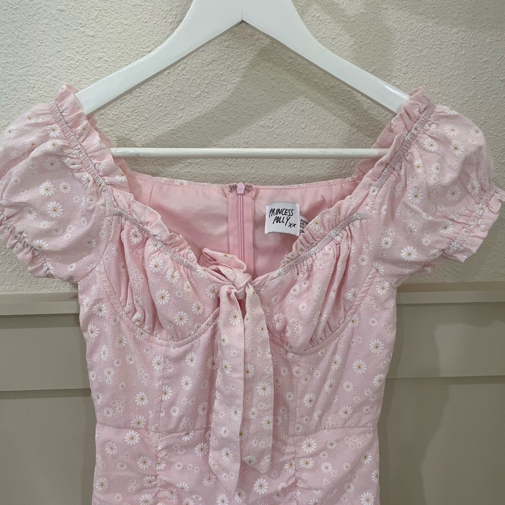 Princess Polly Light Pink Tiny Daisies Print Bow Ruffles  Mini Dress Size 2 - Picture 6 of 8